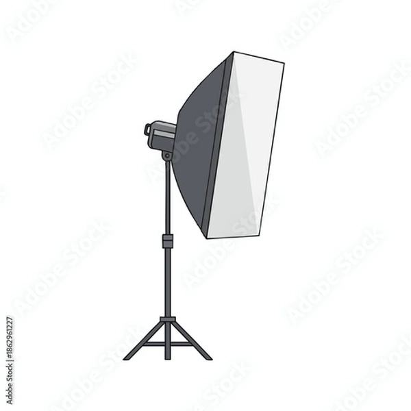 Obraz A studio softbox on a tripod, angled, with a light source, against a white background