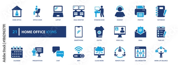 Obraz home office icon set, solid style, vector illustration