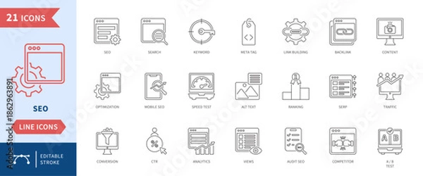 Obraz SEO icon set, editable line style, vector illustration