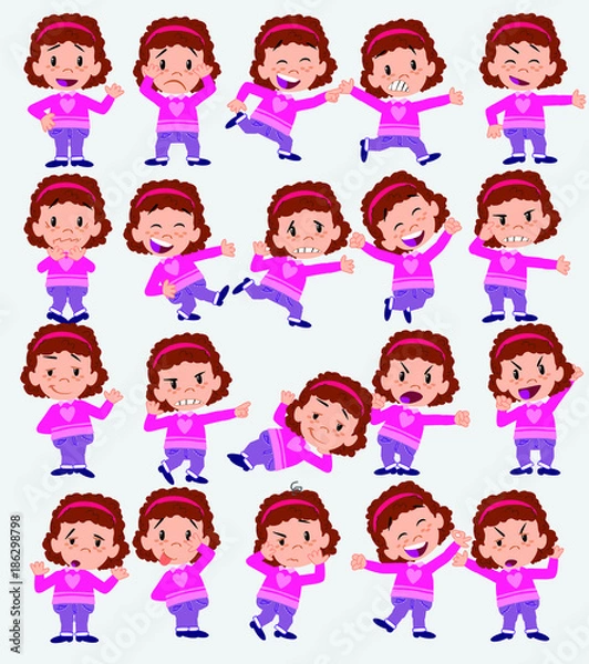 Fototapeta Cartoon character white girl with sweater. Set with different postures, attitudes and poses, doing different activities in isolated vector illustrations.