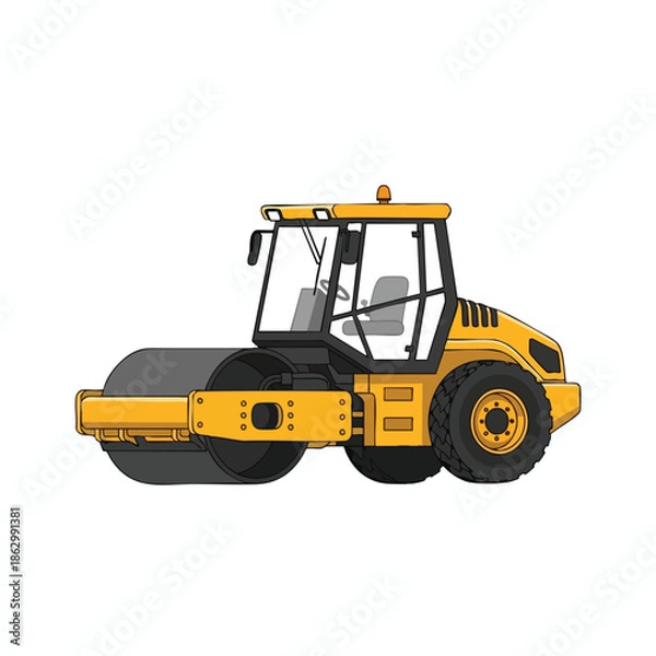 Obraz A yellow road roller, side view, vector style, on a white background