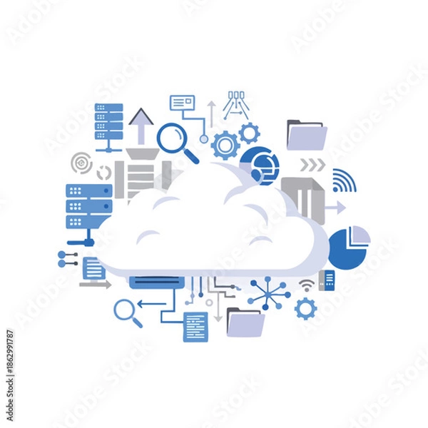 Obraz A cloud with data icons around it suggesting network infrastructure