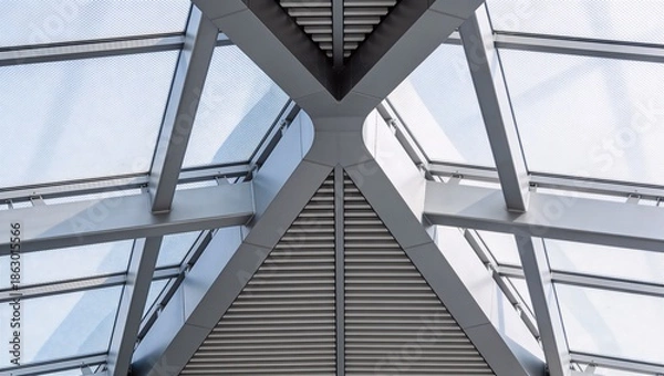Fototapeta 梁と構造パターンが美しいモダン屋根構造を捉えた建築ディテール写真