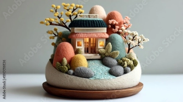Obraz Miniature house model with trees and eggs.