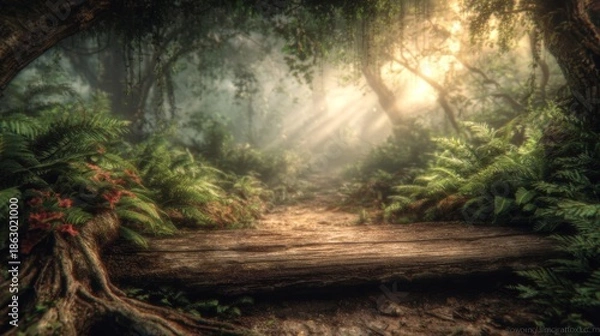 Obraz Misty Forest Pathway with Sunlight Filtering.