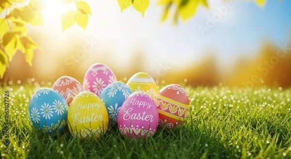 Fototapeta Vibrant easter eggs in spring meadow with sunlight