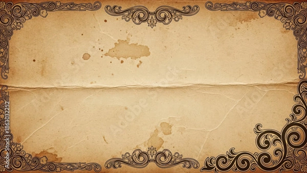 Obraz Aged paper background with ornate vintage scrollwork border frame.