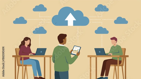 Fototapeta Business professionals using cloud computing for data sharing and collaboration