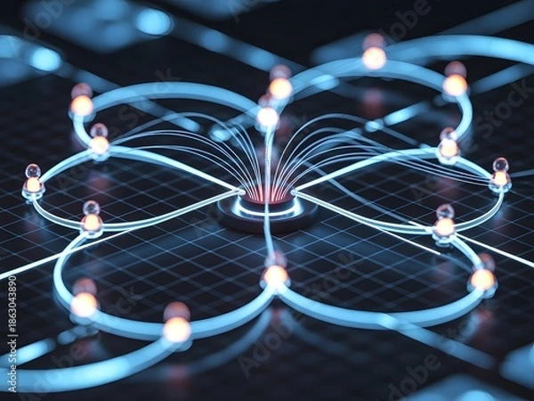 Obraz Team coordination poster with network grids, circular flow diagrams, and connected data nodes representing structured collaboration