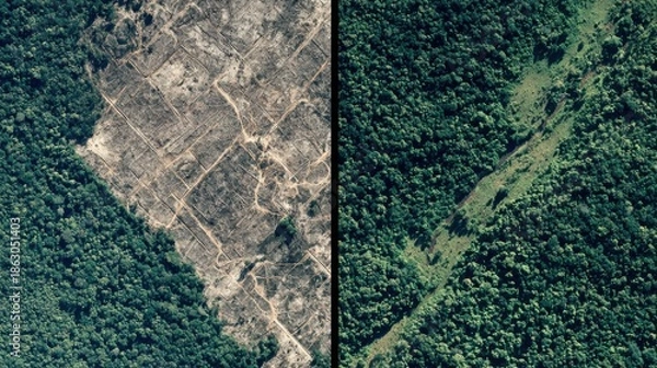 Obraz Aerial view shows deforestation juxtaposed with lush forest