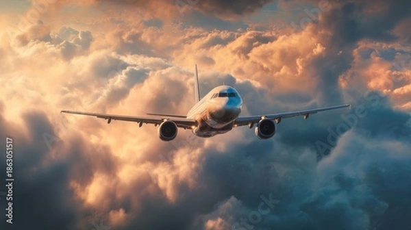 Obraz Airplane flying through dramatic sunset clouds