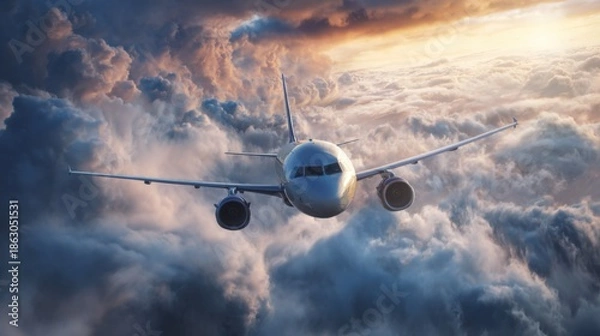 Obraz Airplane flying through dramatic sunset clouds