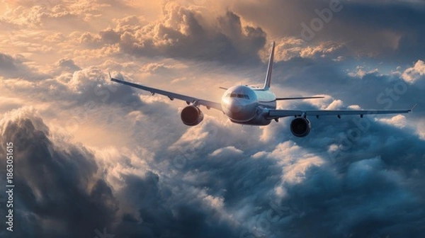 Fototapeta Airplane flying through dramatic sunset clouds