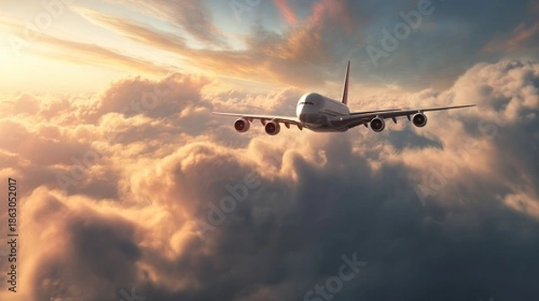 Obraz Commercial airplane flying through clouds at sunset