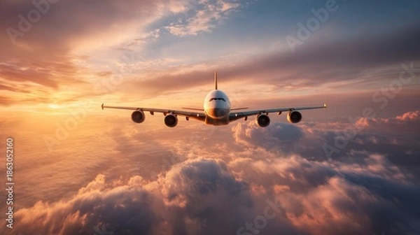 Fototapeta Commercial jetliner flying through dramatic sunset clouds
