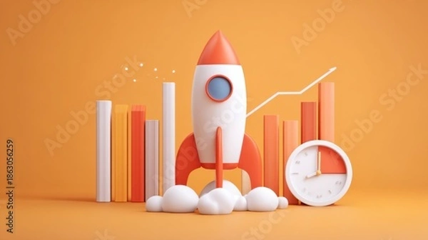 Obraz Rocket launch with financial growth chart and clock