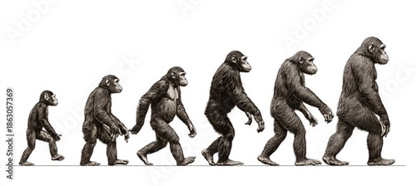 Obraz Ape primate walking like human evolution theory. Generative AI technology.	
