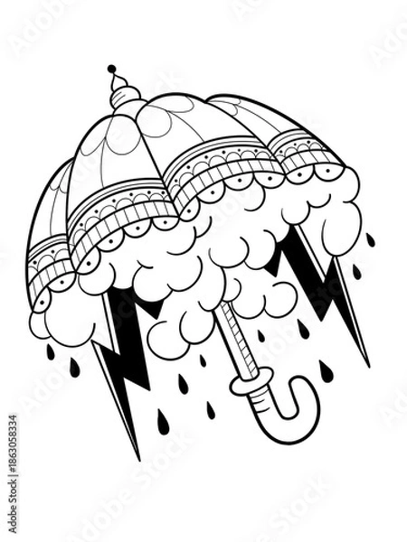 Obraz Umbrella Lightning Raindrops Tatoo Stencil Vector Print Stamp