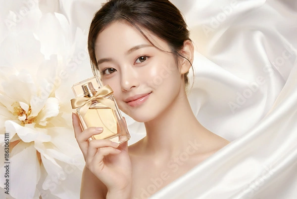 Obraz 化粧品ボトルを手に持つ若い女性の美容ポートレート。ラグジュアリー広告イメージ