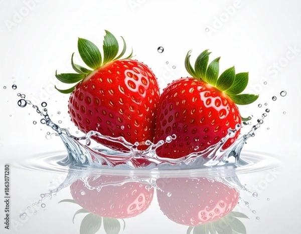 Obraz Two vibrant strawberries, water splash, droplets, white background, reflection