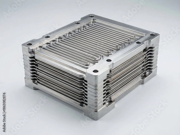 Obraz Stack of CNC machined bipolar plates with flow fields for a hydrogen fuel cell.