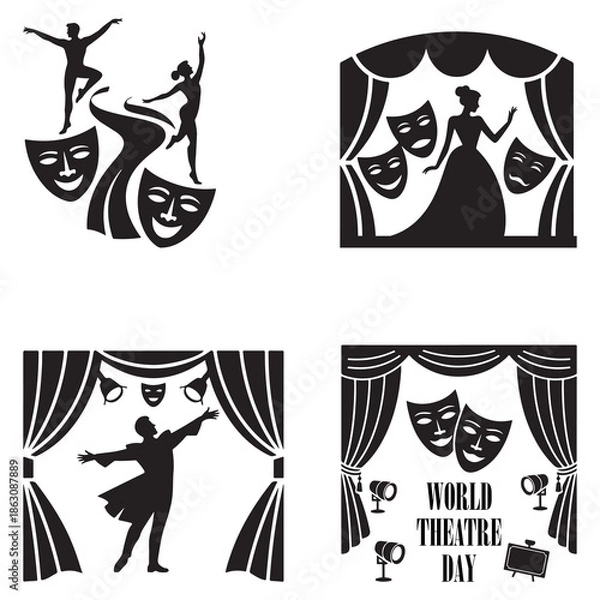 Obraz Black Color World Theatre Day Silhouette Vector Illustration, Solid White Background.