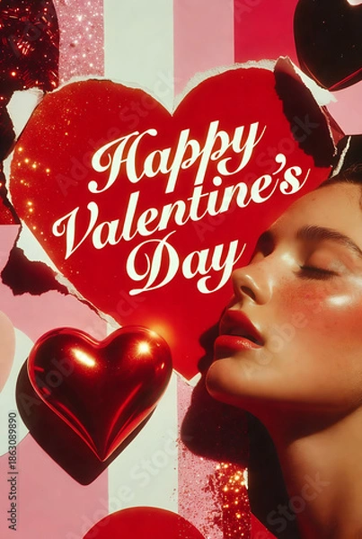 Fototapeta Valentine's Day Heart Theme With A Woman's Portrait And Bold Red Palette Romantic Valentine's Day image featuring a large torn red heart with white script, a close-up woman’s face, and a glossy red 

