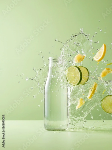 Obraz Refreshing water splash with lemon and lime slices exploding from a clear glass bottle