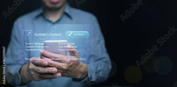 Fototapeta Man using smartphone with authentic content verification interface. Digital trust, provenance, cybersecurity, content validation, authenticity, authentication, data integrity, secure online browsing.