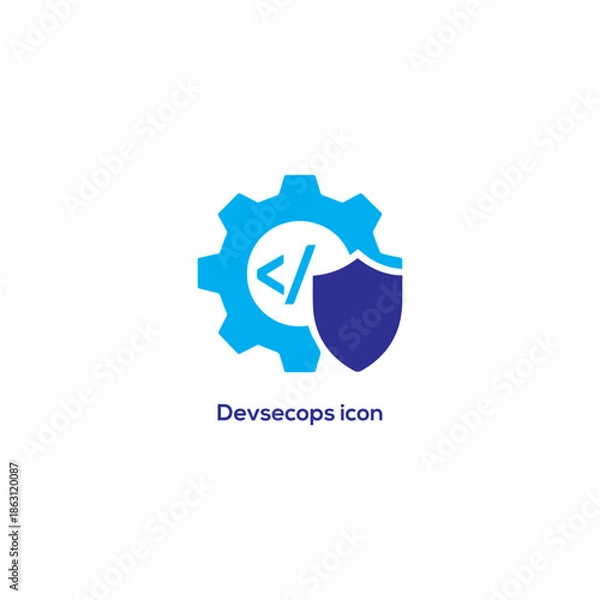Obraz Blue DevSecOps icon with gear, shields and circular arrows, secure devops automation cybersecurity loop logo on white background isolated

