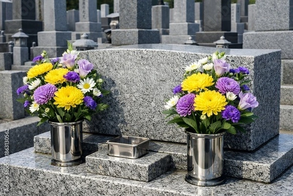 Obraz 色とりどりの供花が手向けられた日本の墓石で故人を静かに偲ぶお墓参りの風景