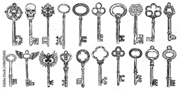 Fototapeta Duży zestaw kluczy retro, styl vintage. Ilustracja kolekcji kluczy do dekoracji antyków. Ozdobna kolekcja średniowieczna. Ręcznie rysowane stary realistyczny projekt wektor.