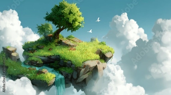 Obraz Floating grassy island with small tree 2d background sky environment