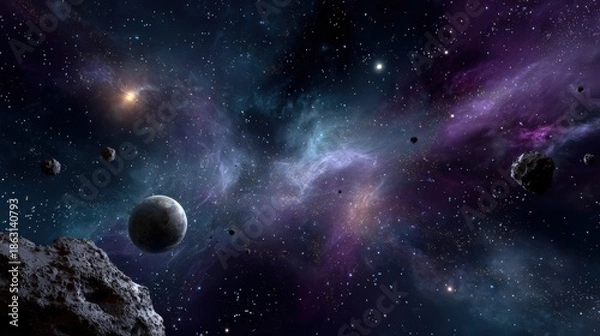 Obraz Exploring a space nebula background with friendly planets in starry gradient sky