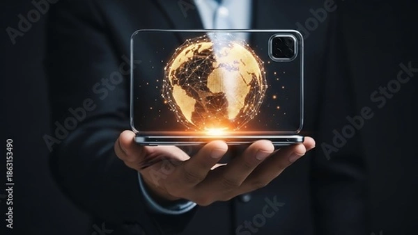 Obraz Man holding smartphone with global network.