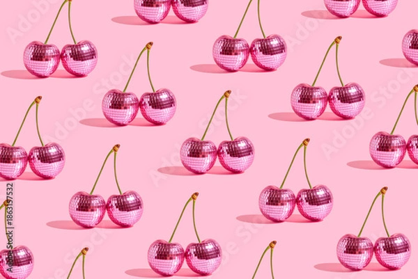 Obraz Seamless candy pink background with disco cherries pattern