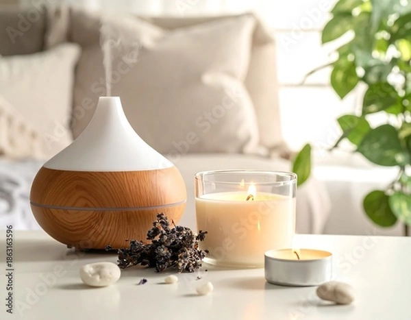 Obraz Serene Home Decor with Diffuser and Candles.