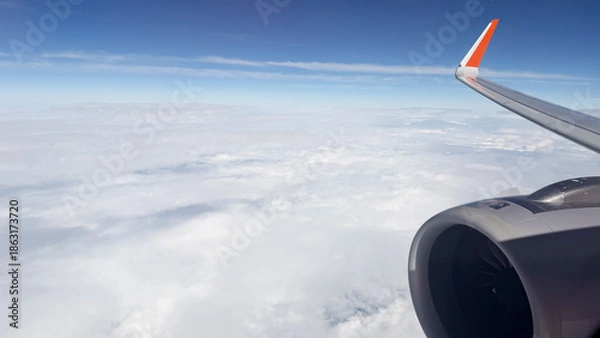 Obraz 飛行機の中からの空と飛行機の羽