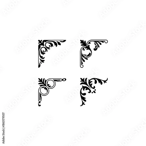 Obraz 4 elegant decorative corner ornaments, solid black fill, vector, white background”