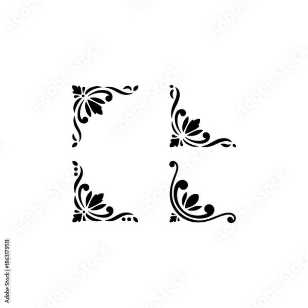 Obraz 4 elegant decorative corner ornaments, solid black fill, vector, white background”