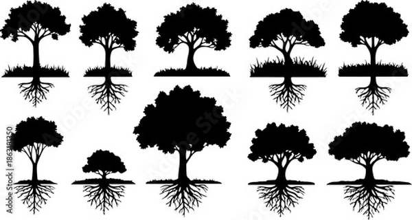 Obraz Tree Silhouette Collection with Roots – Nature Vector Set