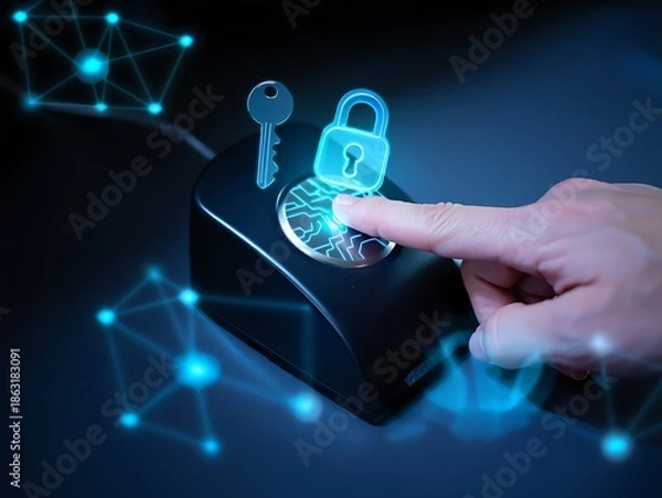 Fototapeta Secure digital interaction: a hand touching a tablet with binary code and security icons