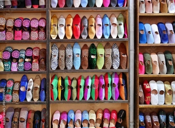 Obraz モロッコのマラケシュのお土産屋さんのカラフルなバブーシュ