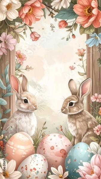 Obraz Easter bunnies surrounded by eggs and flowers.