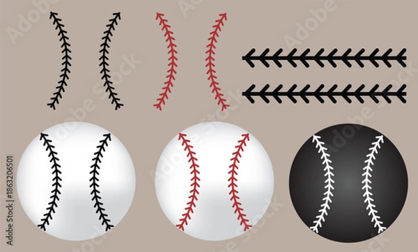 Fototapeta Baseball Stitch Seam Elements Set – Flat Vector Illustration – Sports Vector Graphic Elements
