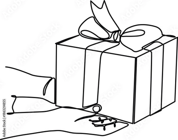 Obraz Hand holding scissors near gift box Vector