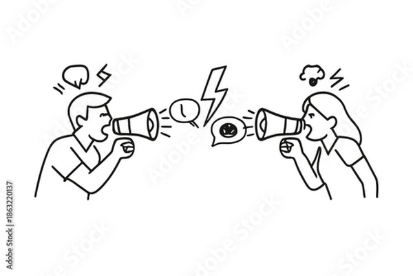 Obraz Angry people arguing through megaphones