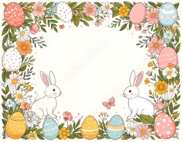Obraz Easter Bunny Frame with Flowers and Eggs.