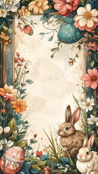 Obraz Easter Bunny Floral Frame with Rabbits.