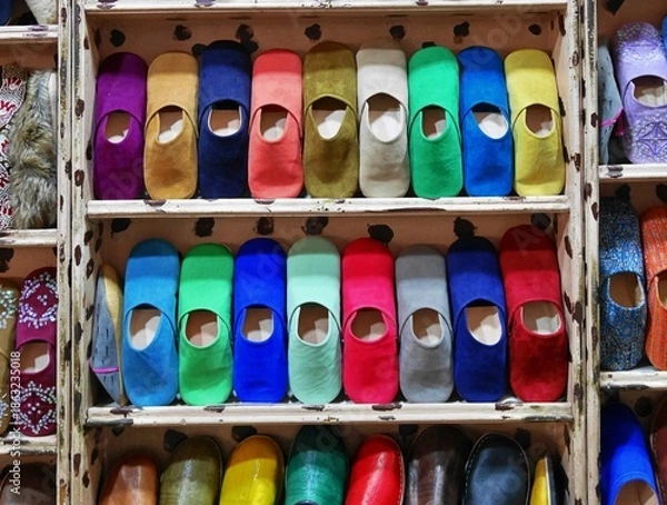 Obraz モロッコのマラケシュのお土産屋さんのカラフルでシンプルなスエードのバブーシュ